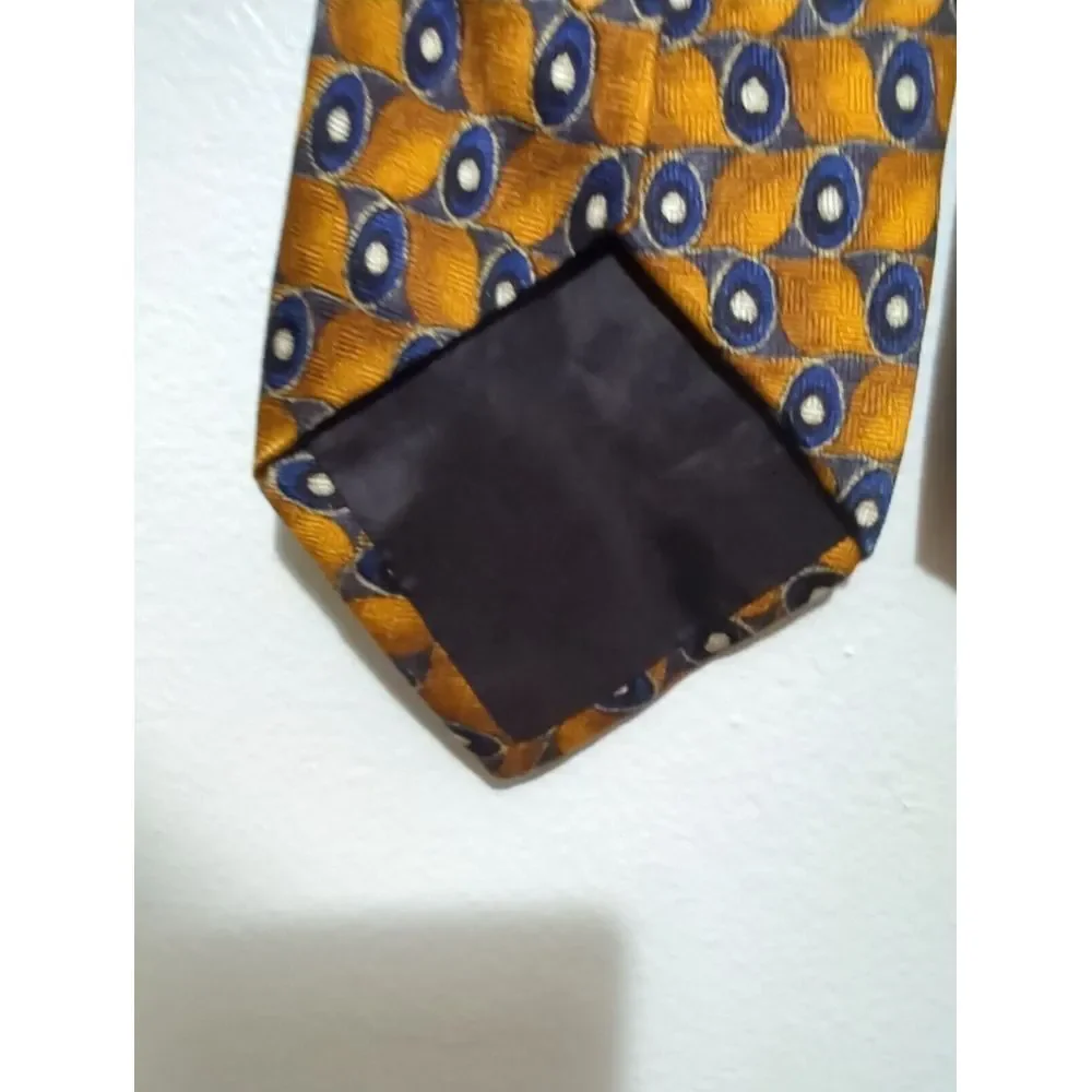 JZ‎ Richards Mens Silk Tie Gold Navy Blue Geometric Circles Hand Crafted USA